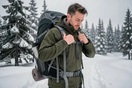Randonneur ajustant la ceinture ventrale de son sac à dos 70L en montagne enneigée en hiver