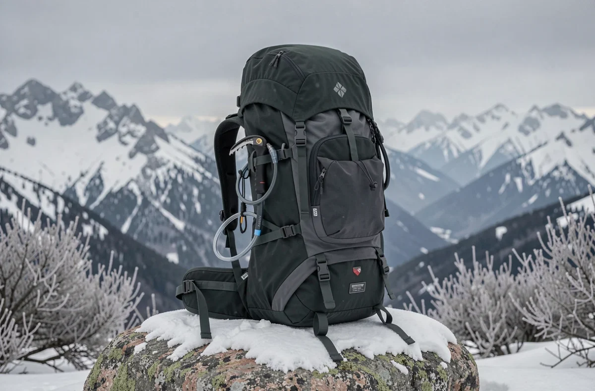 Sac à dos 70L équipé pour bivouac hivernal posé sur un rocher enneigé en montagne