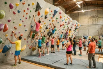 Vue générale d'une salle d'escalade de bloc en Provence-Alpes-Côte d'Azur avec des grimpeurs sur les murs colorés