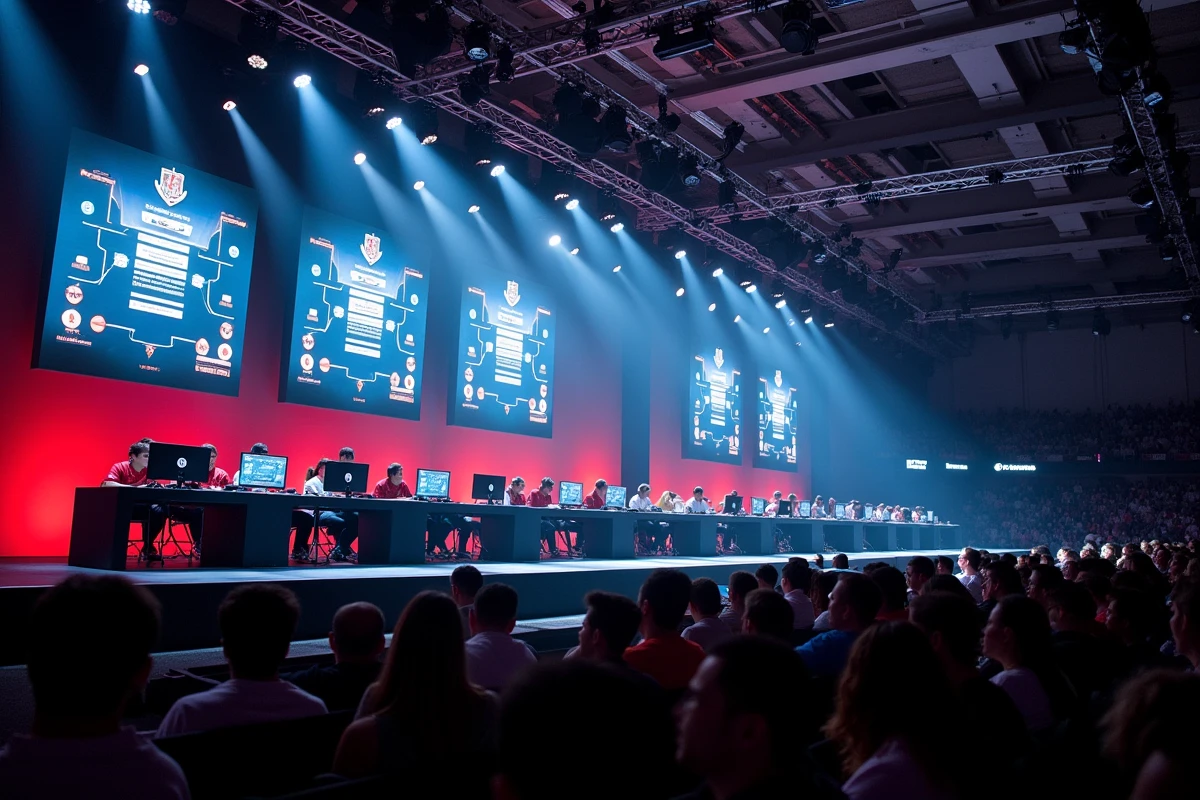 Vue panoramique de la scène d'un tournoi esport BMS 2026 avec plusieurs équipes en compétition