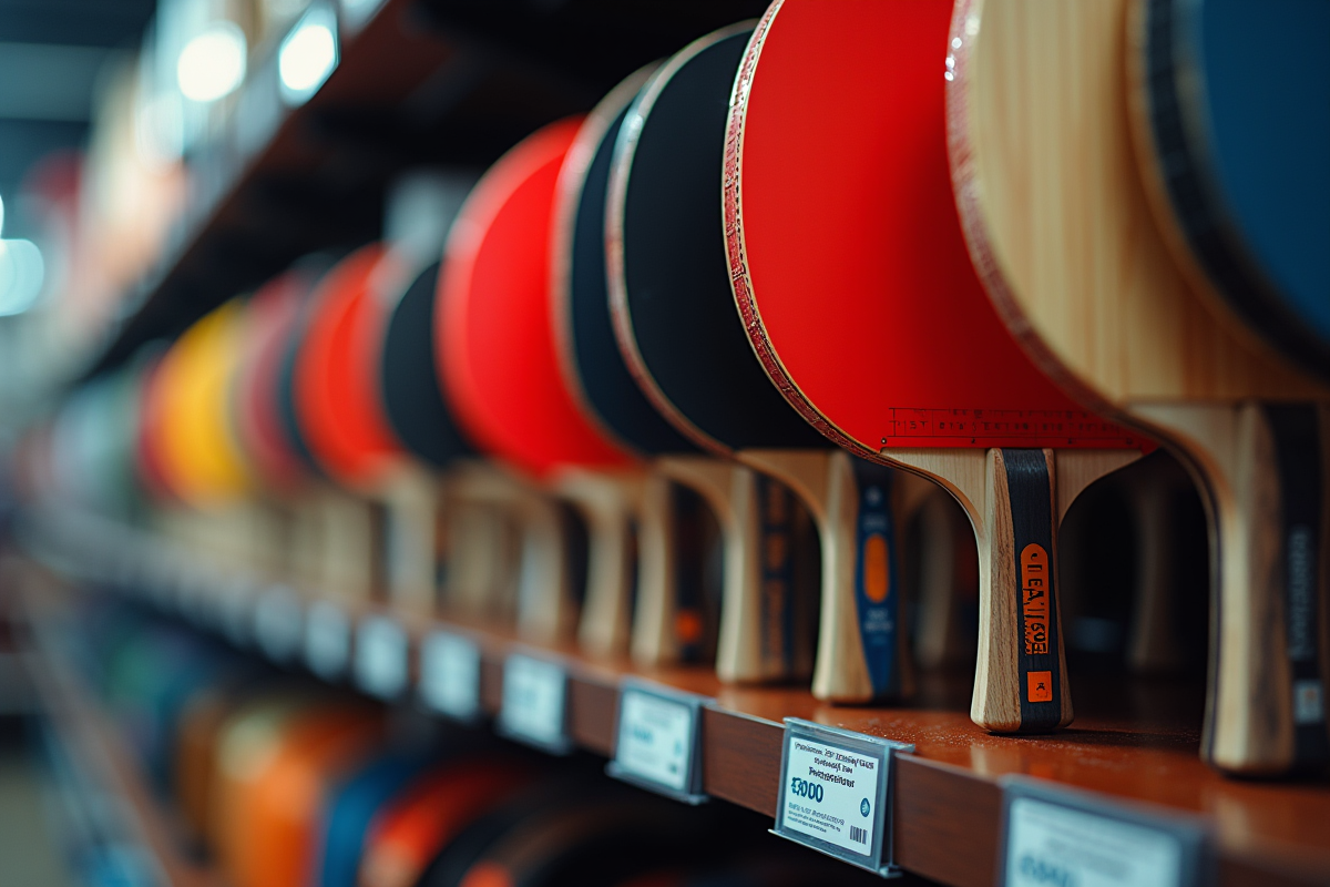 Différentes raquettes de ping pong sur étagère de magasin avec étiquettes