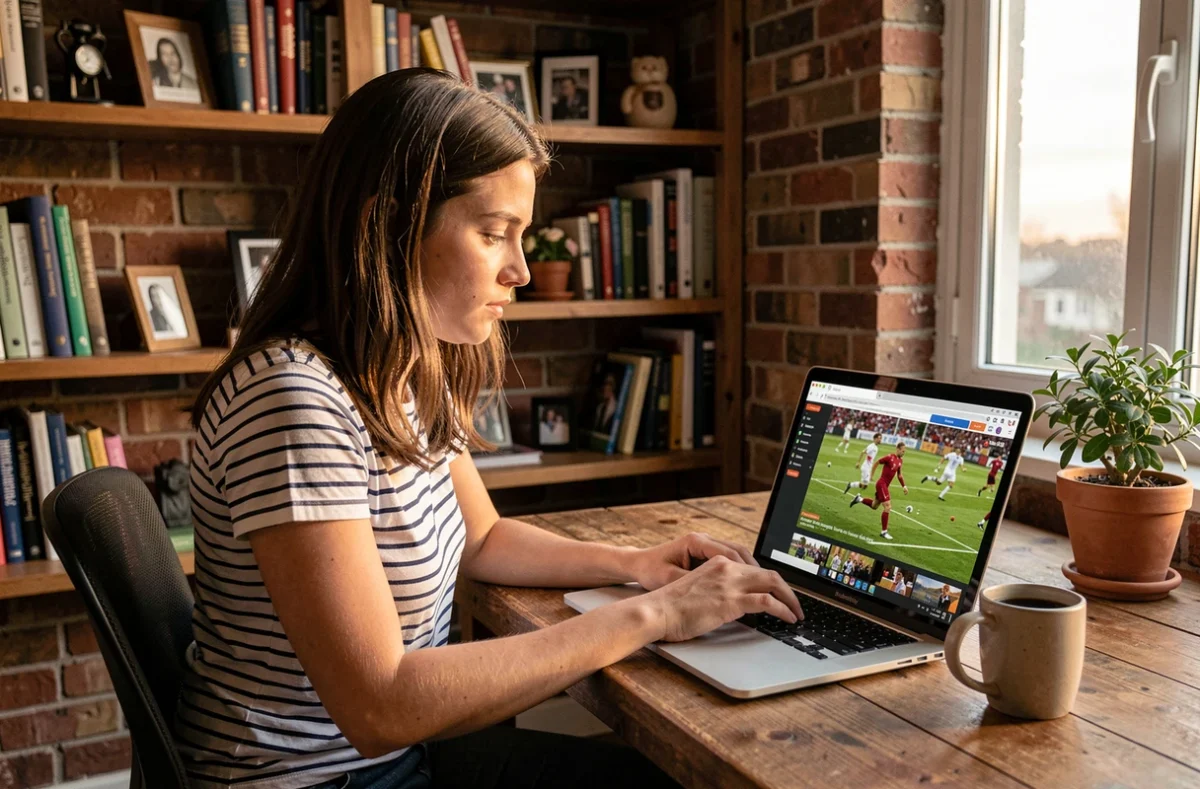 Jeune femme cherchant un site gratuit pour regarder le foot en streaming sur son ordinateur portable