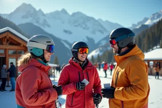 Trois skieurs adultes souriants en tenue colorée attendant à une remontée mécanique sur le domaine skiable de Villard-de-Lans Corrençon-en-Vercors