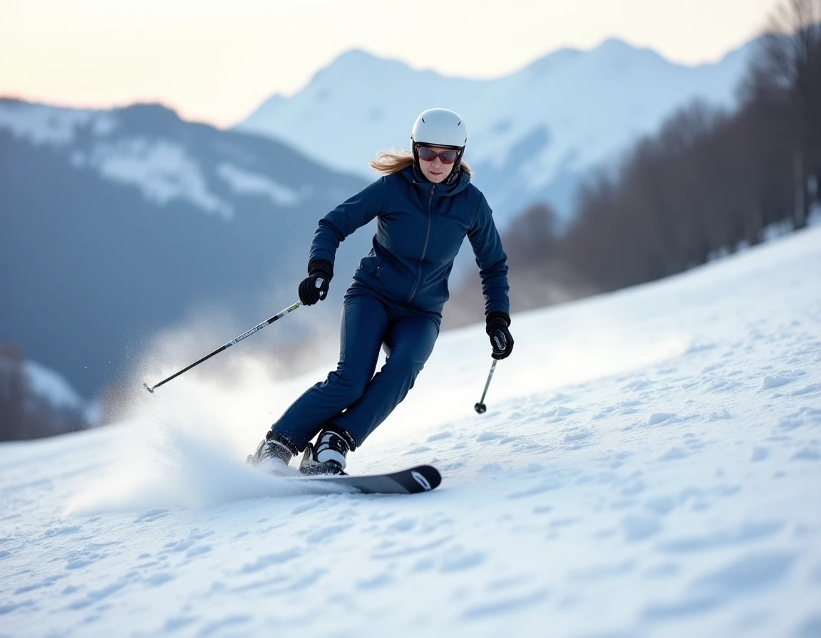 Skieuse en combinaison bleue descendant une piste damée sur le domaine de Corrençon-en-Vercors avec un panorama alpin en arrière-plan