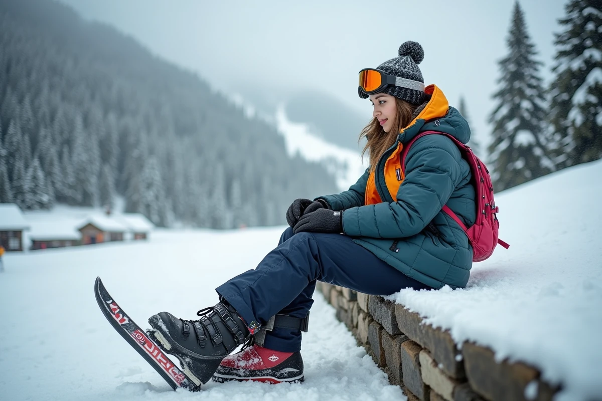 Jeune skieuse contemple ses bottes de ski dehors