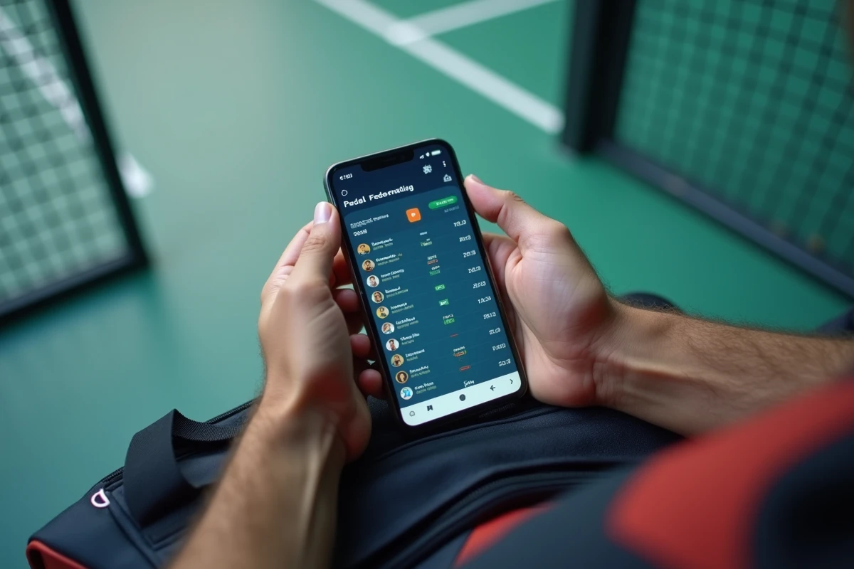 Gros plan sur un smartphone affichant un classement padel avec répartition des points P100, posé sur un sac de raquette en bord de terrain