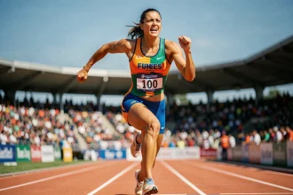 Sprinteuse franchissant la ligne d'arrivée du 100 mètres lors d'une compétition internationale d'athlétisme