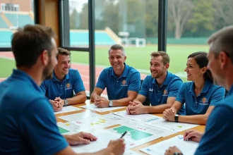 Équipe de professionnels du sport discutant d'une stratégie sportive régionale autour d'une table de réunion avec des cartes et des graphiques de participation