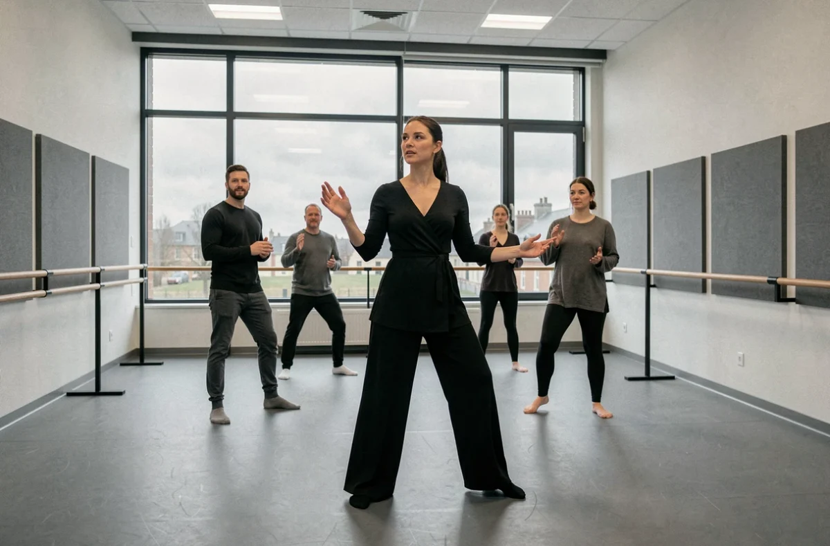Professeure de danse contemporaine animant un cours aux Studios de Danse Anne Coury à Amiens
