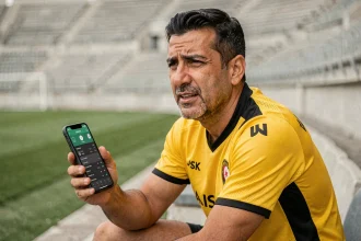 Supporter de la JSK consultant une application de compétition algérienne sur son smartphone dans un stade