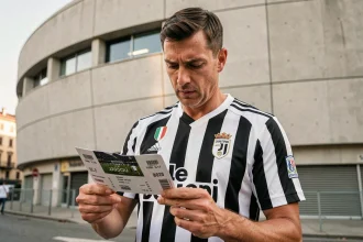 Supporter de la Juventus FC tenant des billets de match devant le stade de Turin en 2026