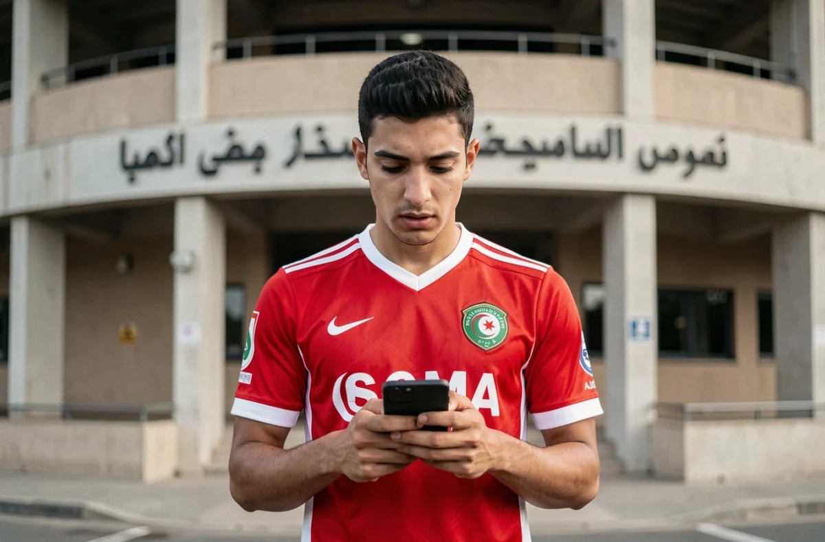 Jeune supporter de l'USMA devant un stade algérien consultant les résultats sur Competition.dz