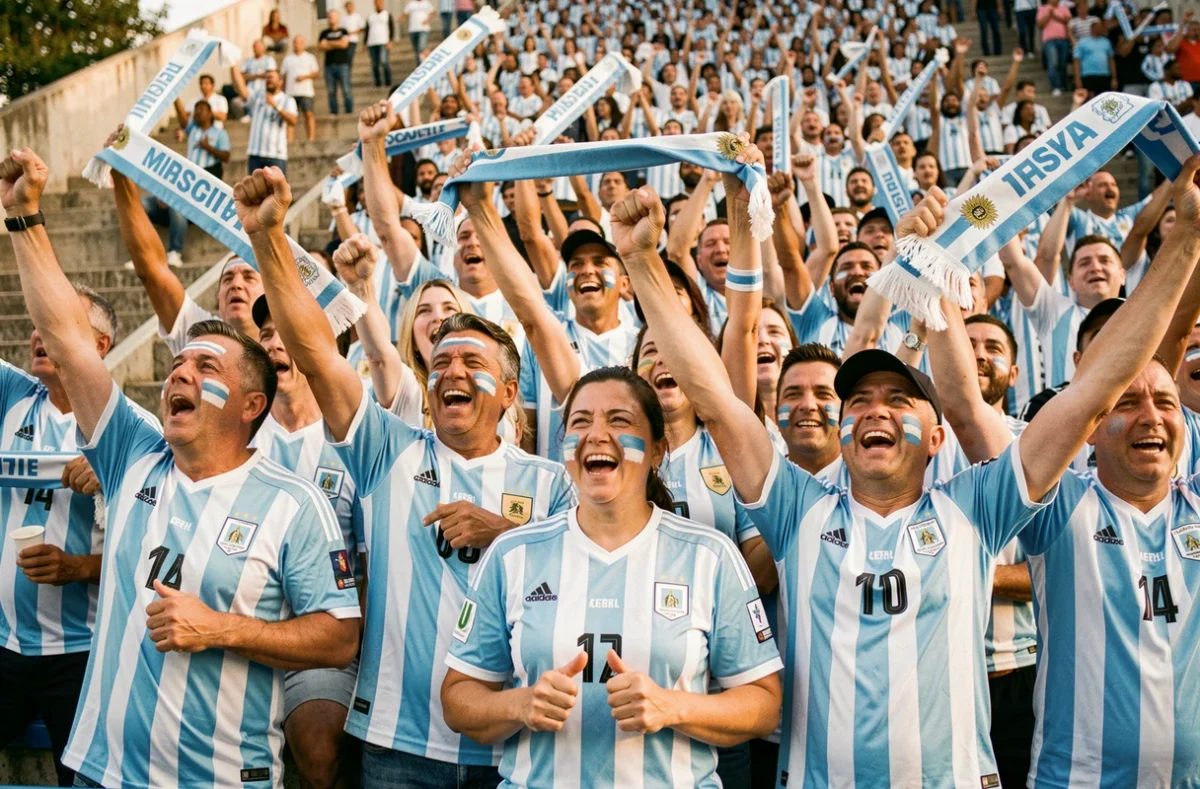 Supporters passionnés de l'équipe nationale argentine en tribune, maillots rayés bleu et blanc, visages peints aux couleurs du drapeau argentin