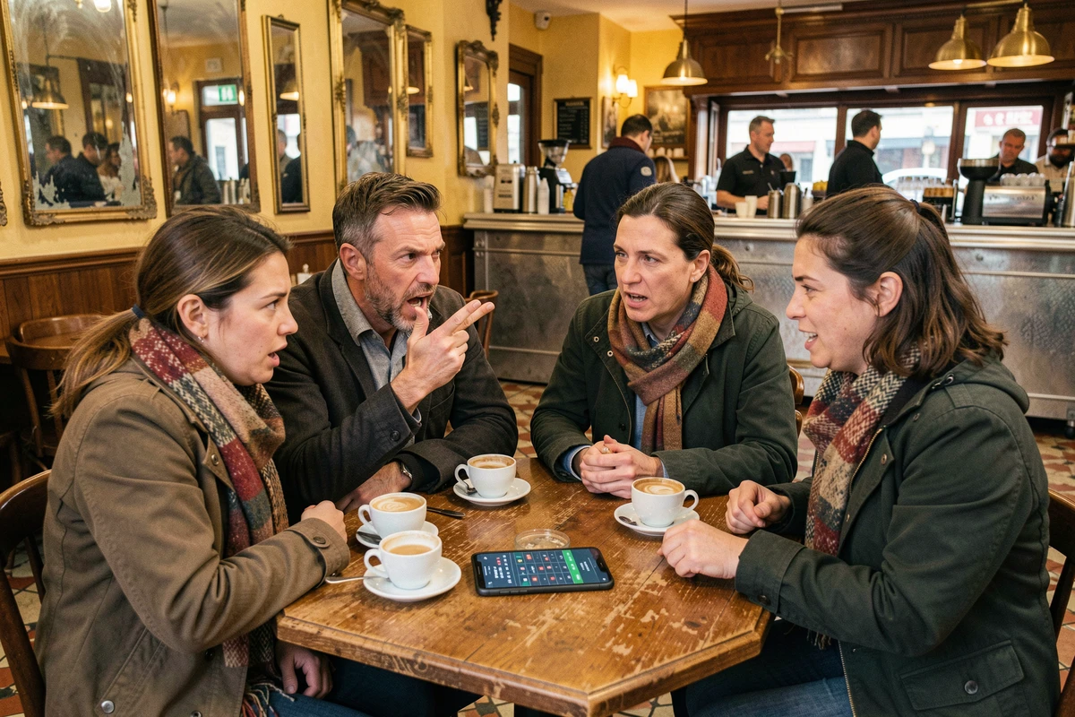 Supporters de football réagissant au tirage des demi-finales de la Coupe de France autour d'un téléphone dans un café brasserie français