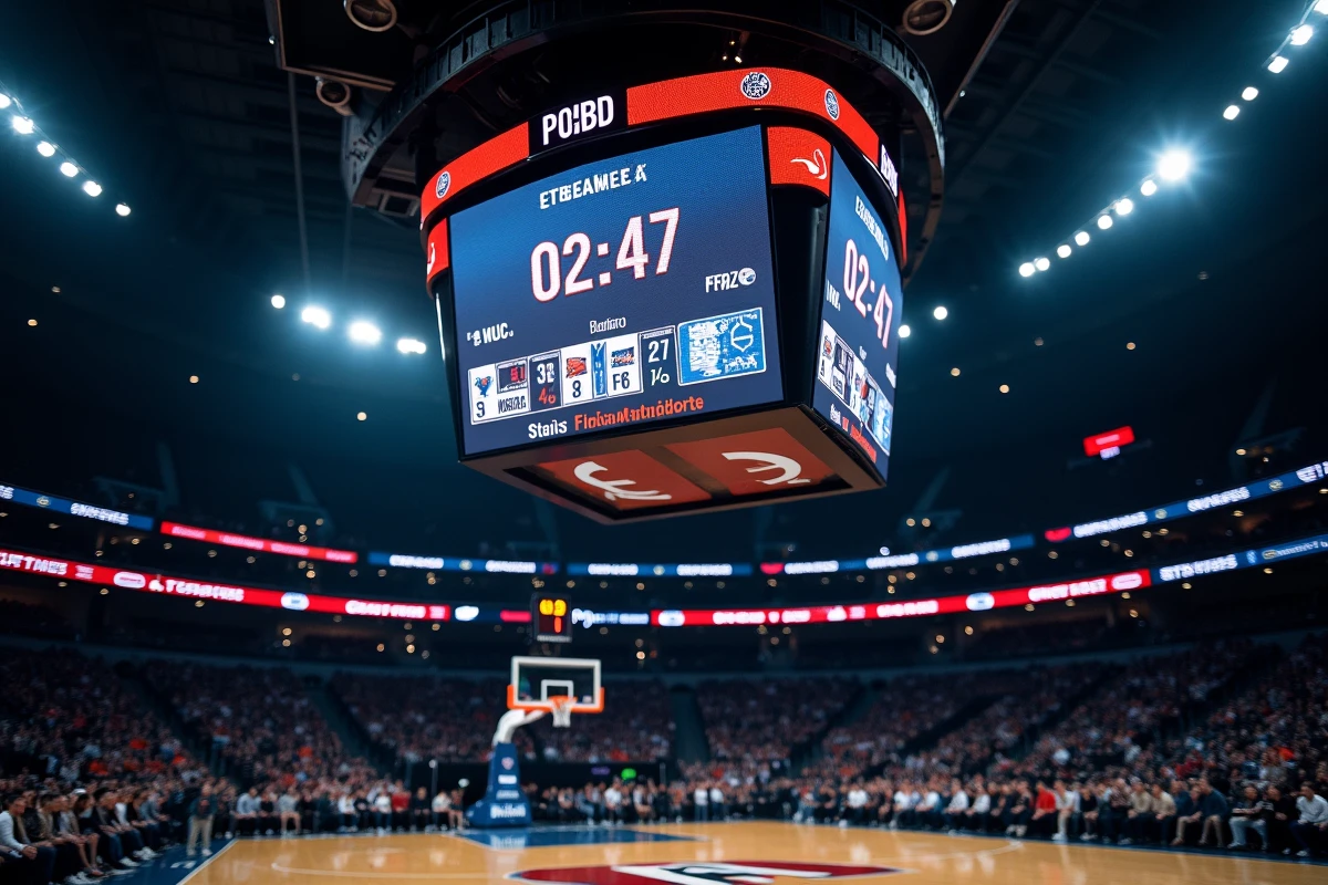 Tableau d'affichage électronique d'un match de basket montrant le chronomètre en quatrième quart-temps