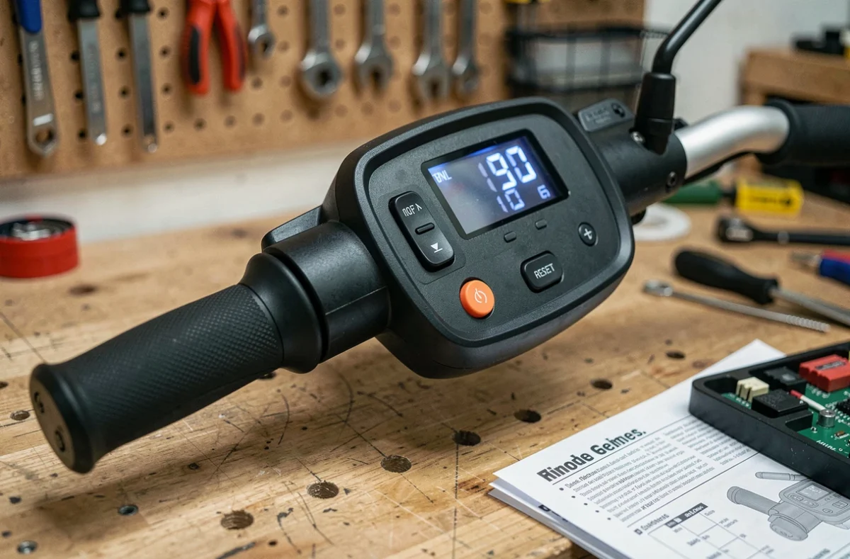 Gros plan du tableau de bord et des commandes d'une trottinette électrique sur un établi avec des outils