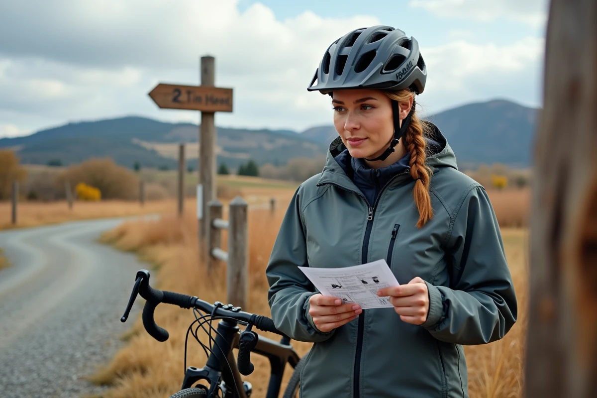 Cycliste femme consultant un tableau de pression pneu VTT 26 pouces avant une sortie sur sentier