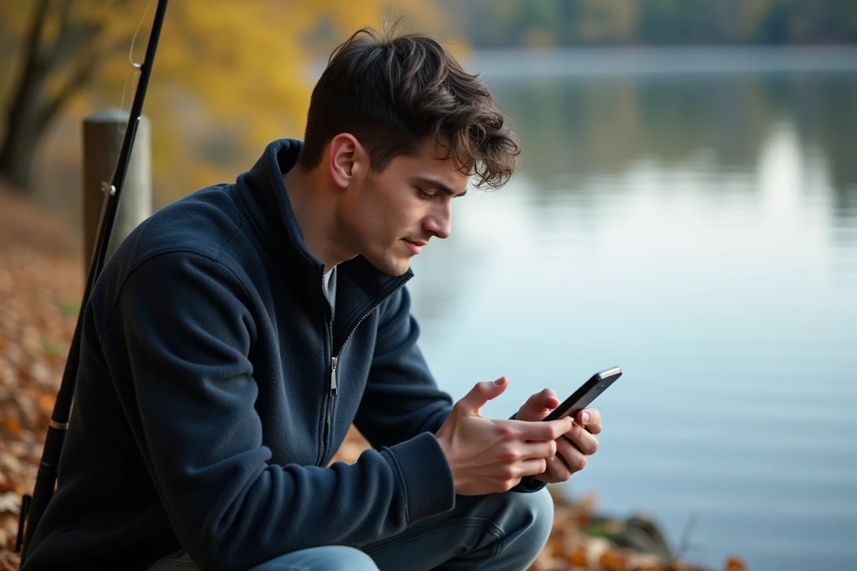 Jeune pêcheur consultant les tarifs de la carte de pêche 2026 sur son téléphone au bord d'un lac en automne
