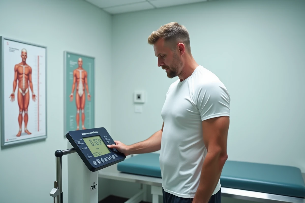 Homme athlétique imposant pesé sur une balance médicale professionnelle dans un cabinet clinique, évoquant la vérification des mensonges et rumeurs sur le poids de célébrités