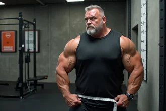 Homme musclé de grande taille mesurant sa stature dans une salle de sport professionnelle, illustrant les chiffres réels de taille et poids d'un athlète de haut niveau
