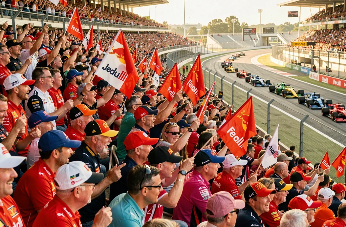 Tribune de spectateurs passionnés de Formule 1 brandissant des drapeaux lors d'un Grand Prix décisif pour le classement du championnat 2026