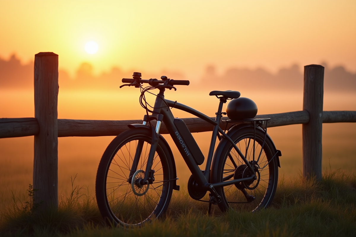 Vélo électrique Bosch au lever du soleil dans un champ brumeux