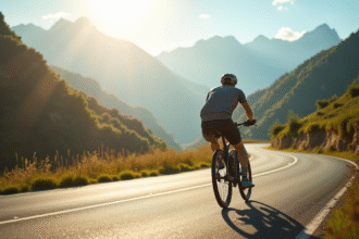 Cycliste sur un vélo électrique Bosch en montagne ensoleillée
