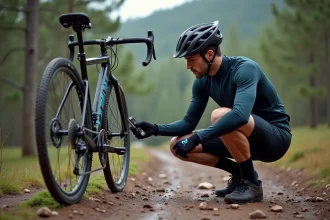 Cycliste VTT vérifiant la pression des pneus 26 pouces avec un manomètre numérique sur un sentier forestier
